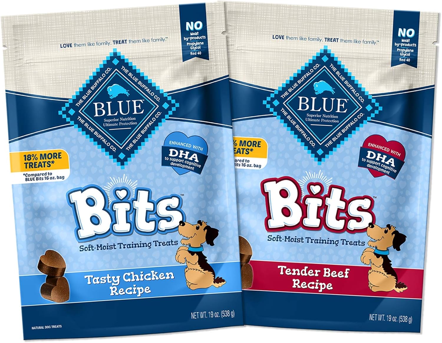 Blue Buffalo Blue Bits Natural Soft-Moist Training Dog Treats, Chicken & Beef Recipes 19-Oz Bag Variety Pack, 2 Count