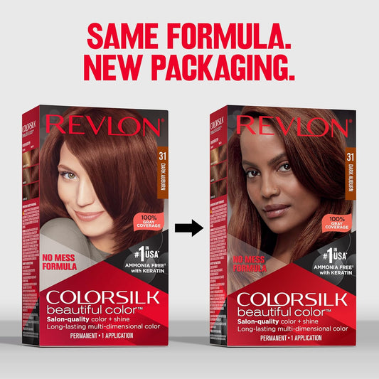 Revlon Colorsilk Beautiful Color Permanent Hair Color, Long-Lasting High-Definition Color, Shine & Silky Softness With 100% Gray Coverage, Ammonia Free, 31 Dark Auburn, 3 Pack