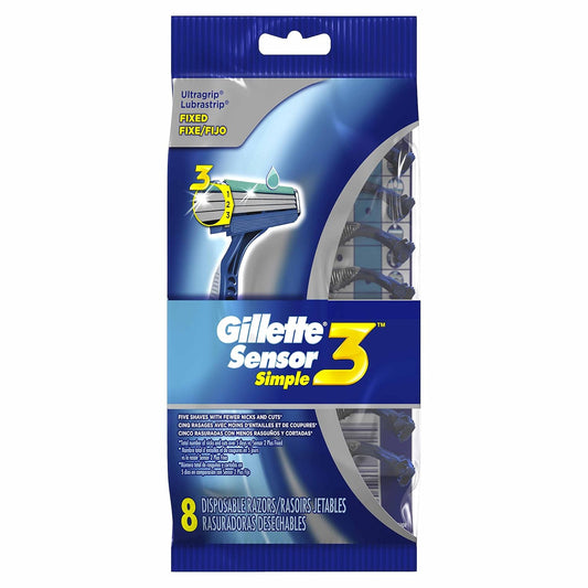 Gillette Sensor3 Simple Men'S Disposable Razors, 8 Count