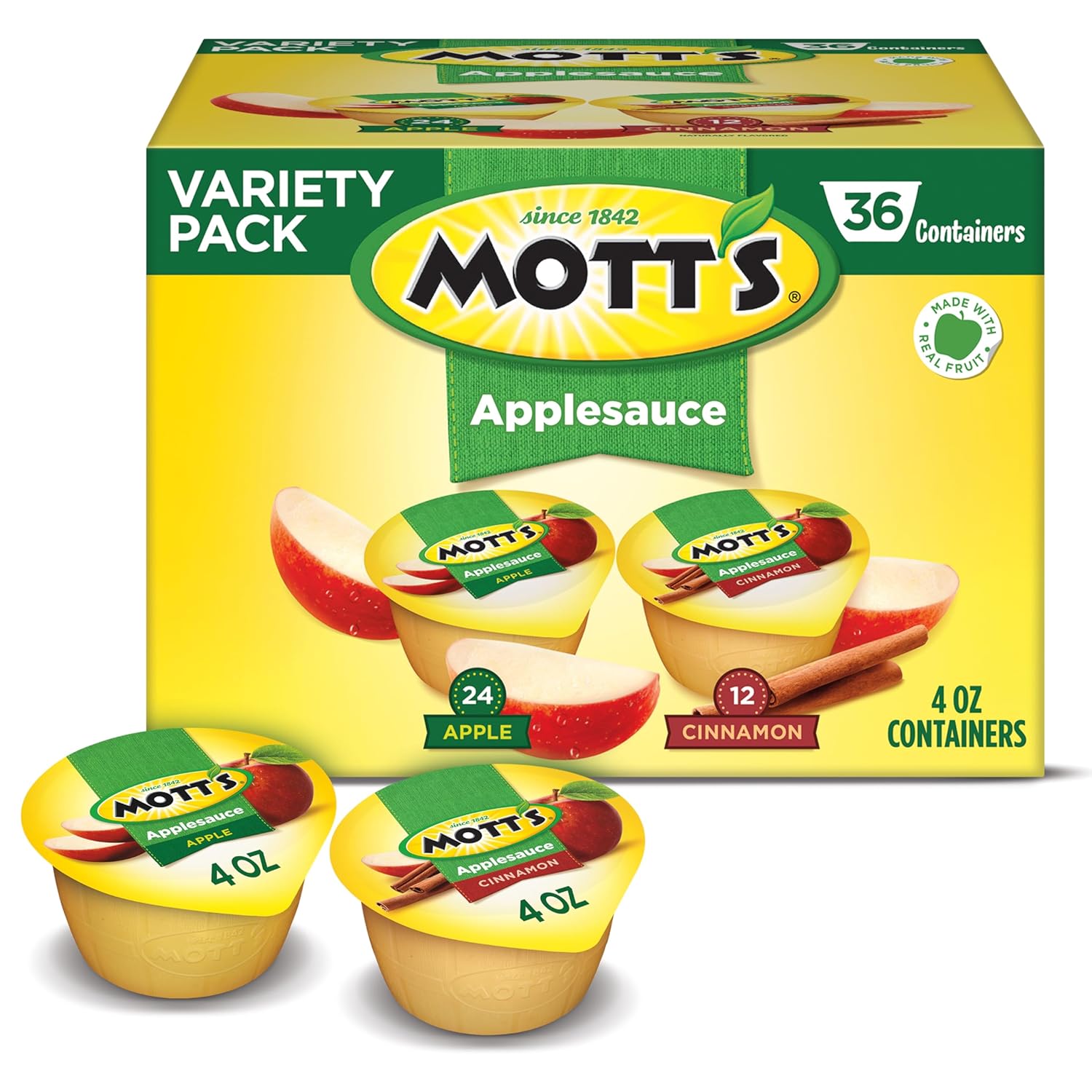 Mott'S Apple & Cinnamon Variety Pack Applesauce, 4 Oz Cups, 36 Count, No Artificial Flavors, Good Source Of Vitamin C, Nutritious Option For The Whole Family