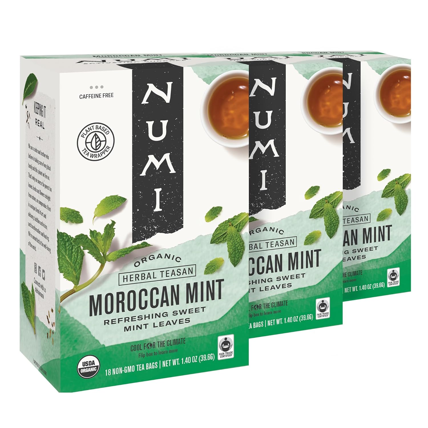 Numi Organic Moroccan Mint Tea, 18 Tea Bags (Pack Of 3), Refreshing Nana Mint, Caffeine Free Herbal Tea (Packaging May Vary)