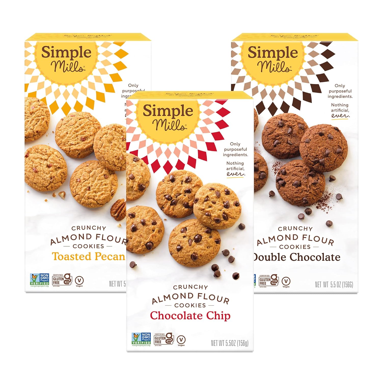 Simple Mills Almond Flour Crunchy Cookies Variety Pack (Chocolate Chip, Double Chocolate Chip, Toasted Pecan) - Gluten Free, Vegan, Healthy Snacks, Made With Organic Coconut Oil, 5.5 Ounce (Pack Of 3)