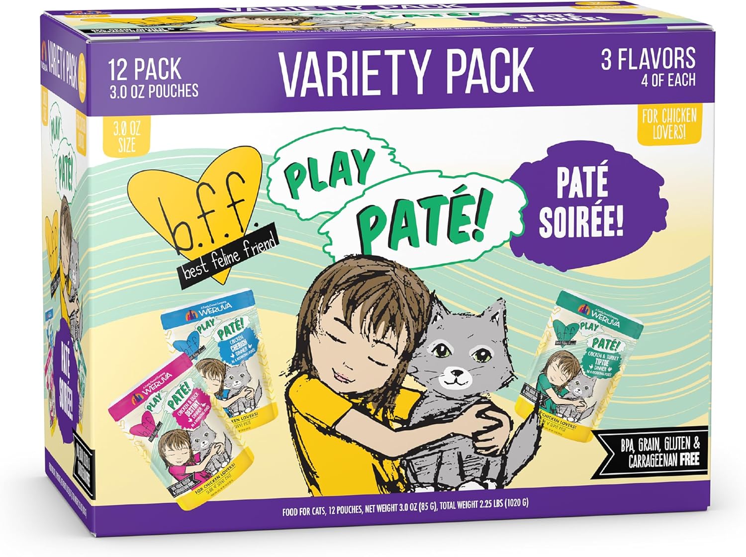 Weruva B.F.F. Play - Best Feline Friend Paté Lovers, Aw Yeah!, Paté Soiree! Variety Pack, 3Oz Pouch (Pack Of 12)