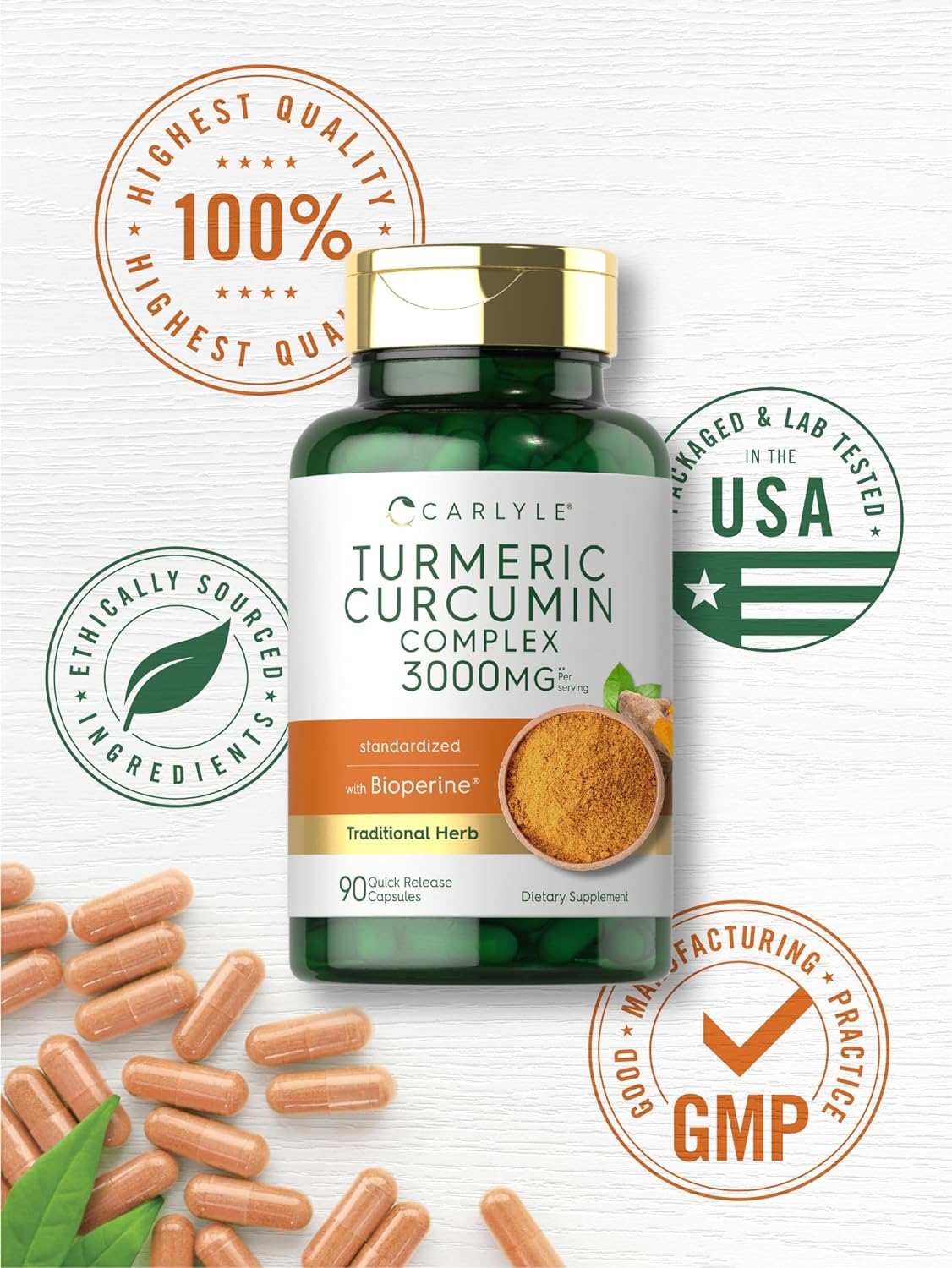 Carlyle Turmeric Curcumin With Black Pepper 3000Mg | 90 Powder Capsules | Complex Supplement With Bioperine | Non-Gmo, Gluten Free : Health & Household
