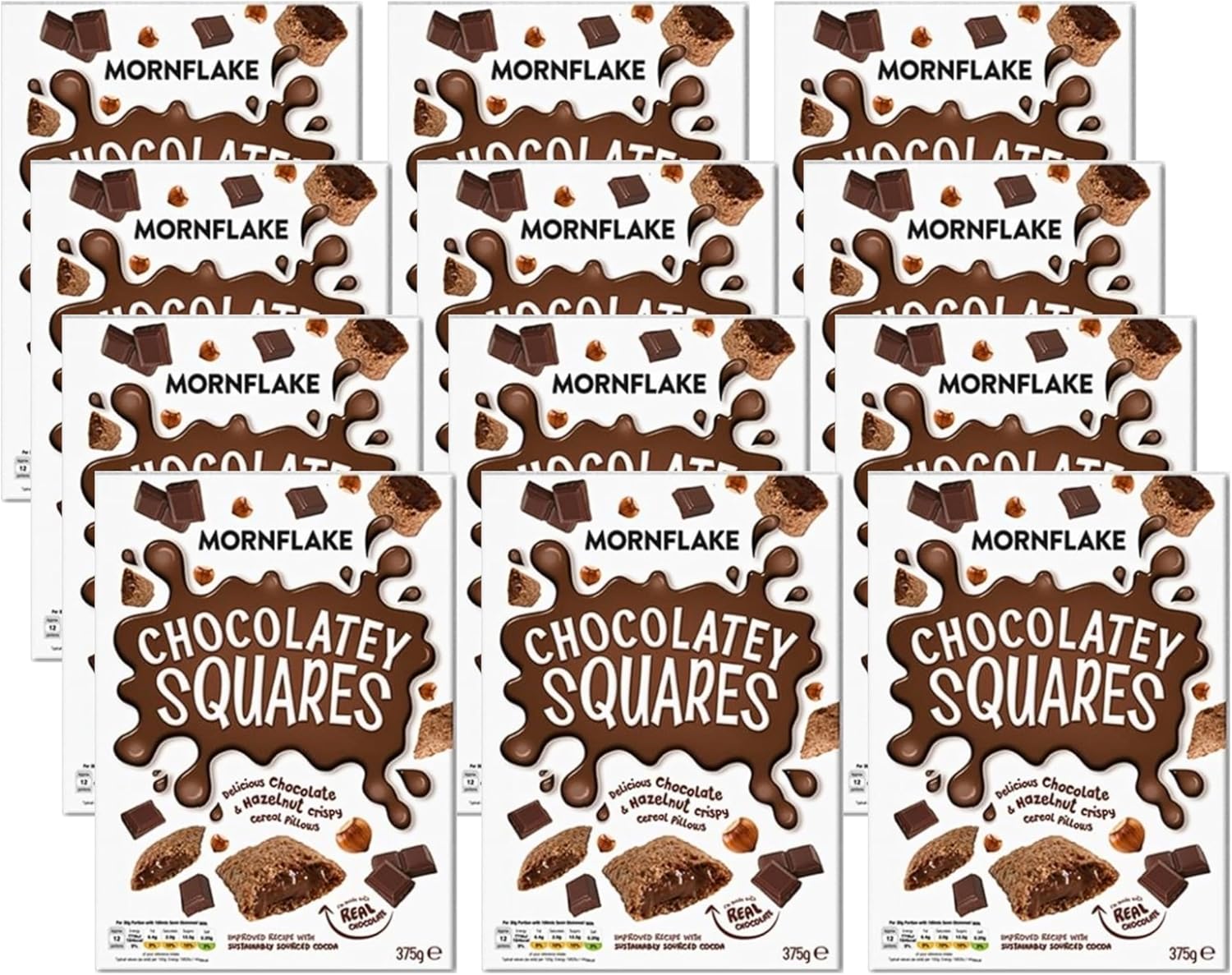 Mornflake - Chocolatey Squares Breakfast Cereal, Multipack Of 12X 375G Vegan Vegetarian Chocolate Cereal. Wheat Pillows Filled With Chocolate Cocoa And Hazelnut Filling For The Whole Family