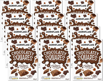 Mornflake - Chocolatey Squares Breakfast Cereal, Multipack Of 12X 375G Vegan Vegetarian Chocolate Cereal. Wheat Pillows Filled With Chocolate Cocoa And Hazelnut Filling For The Whole Family