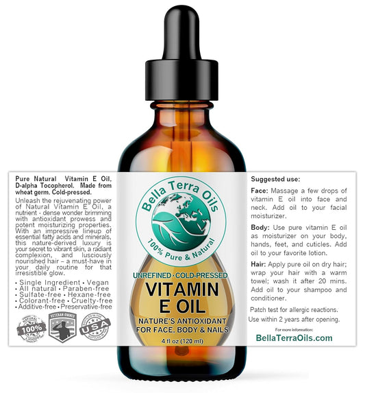 Bella Terra Oils - Organic Vitamin E Oil 4 oz - Strongest Concentration of Natural Organic Vitamin E, D-Alpha Tocopherol Rich, Perfect for Nourishing Your Face and Body