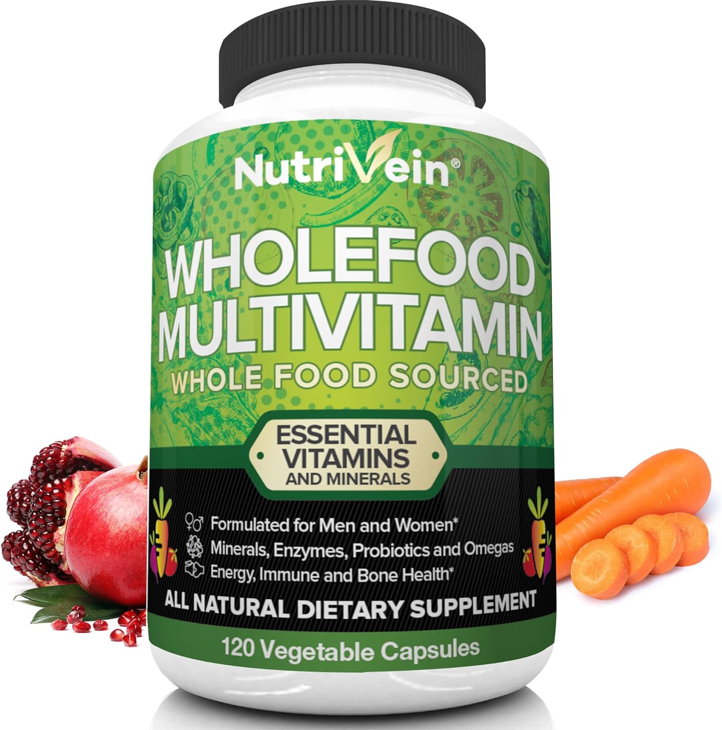 Nutrivein Whole Food Multivitamin - Complete Daily Vitamins for Men and Women from Natural Whole Foods, Real Raw Veggies, Fruits, Vitamin E, A, B Complex - 30 Day Supply (120 Capsules, Four Daily)