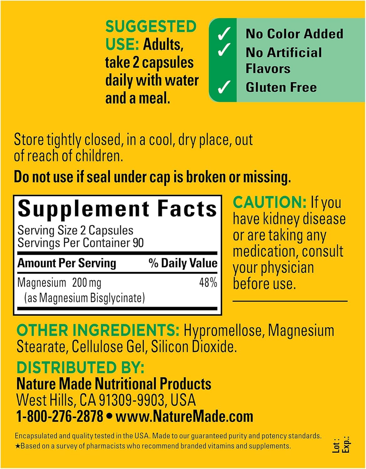 Nature Made Magnesium Glycinate 200 mg per serving, Magnesium Supplement for Muscle, Heart, Nerve and Bone Support, 180 Magnesium Bisglycinate Capsules, 90 Day Supply : Health & Household