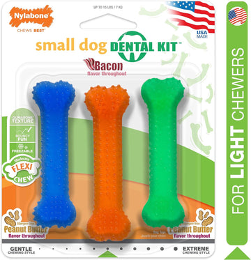 Nylabone Flexi Chew Moderate Dog Dental Chew Toy Bones Triple Pack, Peanut Butter & Bacon, X-Small/Petite (3 Count)