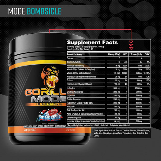 Gorilla Mode Pre Workout - Massive Pumps · Laser Focus · Energy · Power - L-Citrulline, Creatine, L-Tyrosine, Betaine, Hydroprime®, Alpha-Gpc, 400Mg Caffeine, Huperzine A - 620G (Bombsicle)