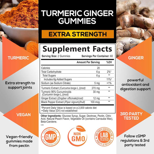 Turmeric Curcumin & Ginger Gummies 95% Curcuminoids with Black Pepper Extract for Max Absorption Joint Support, Nature's Tumeric Herbal Extract Supplement, Vegan Gummy Capsules, Non-GMO - 120 Gummies