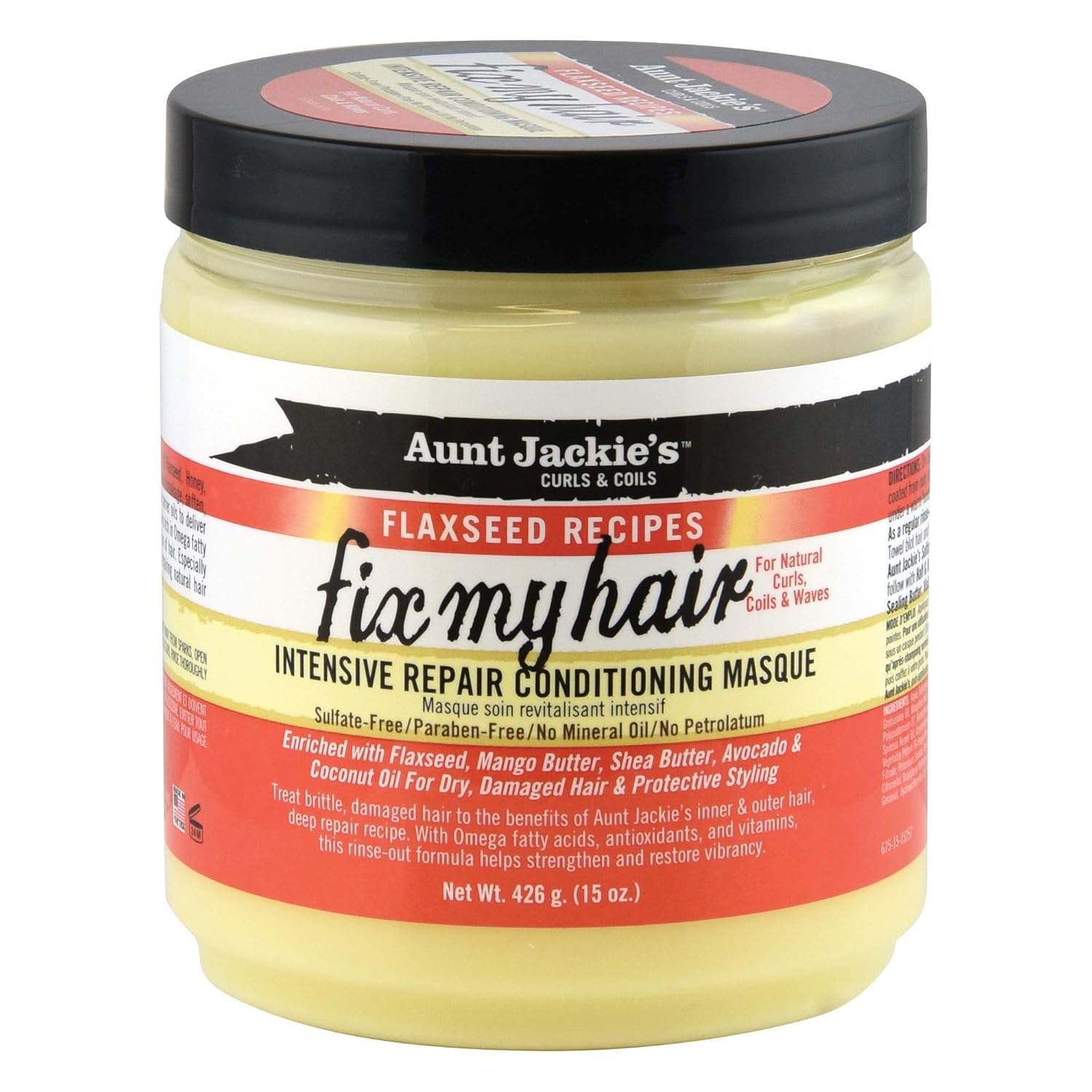 Aunt Jackie'S Flaxseed Recipes Fix My Hair, Intensive Repair Conditioning Masque, Helps Prevent And Repair Damaged Hair, 15 Ounce Jar