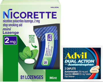 Nicorette 2 Mg Mini Nicotine Lozenges To Help Stop Smoking - Mint Flavored Stop Smoking Aid, 1-Pack, 81 Count, Plus Advil Dual Action Coated Caplets With Acetaminophen, 2 Count