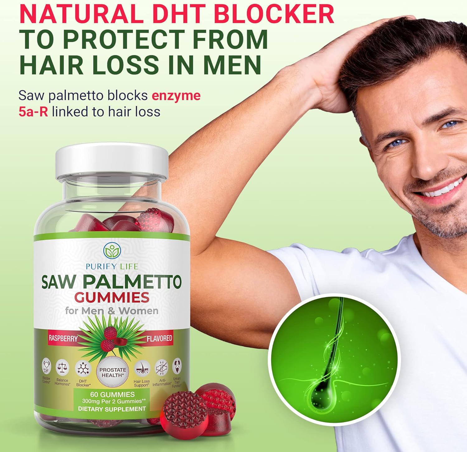 Vegan Saw Palmetto for Women & Men - Potent Saw Palmetto Extract, Prostate Supplements for Men, DHT Blocker for Womens Hair Growth, Hormonal Balance Gummies, PCOS Hair Loss, DHT Blocker, Gluten-Free : Health & Household