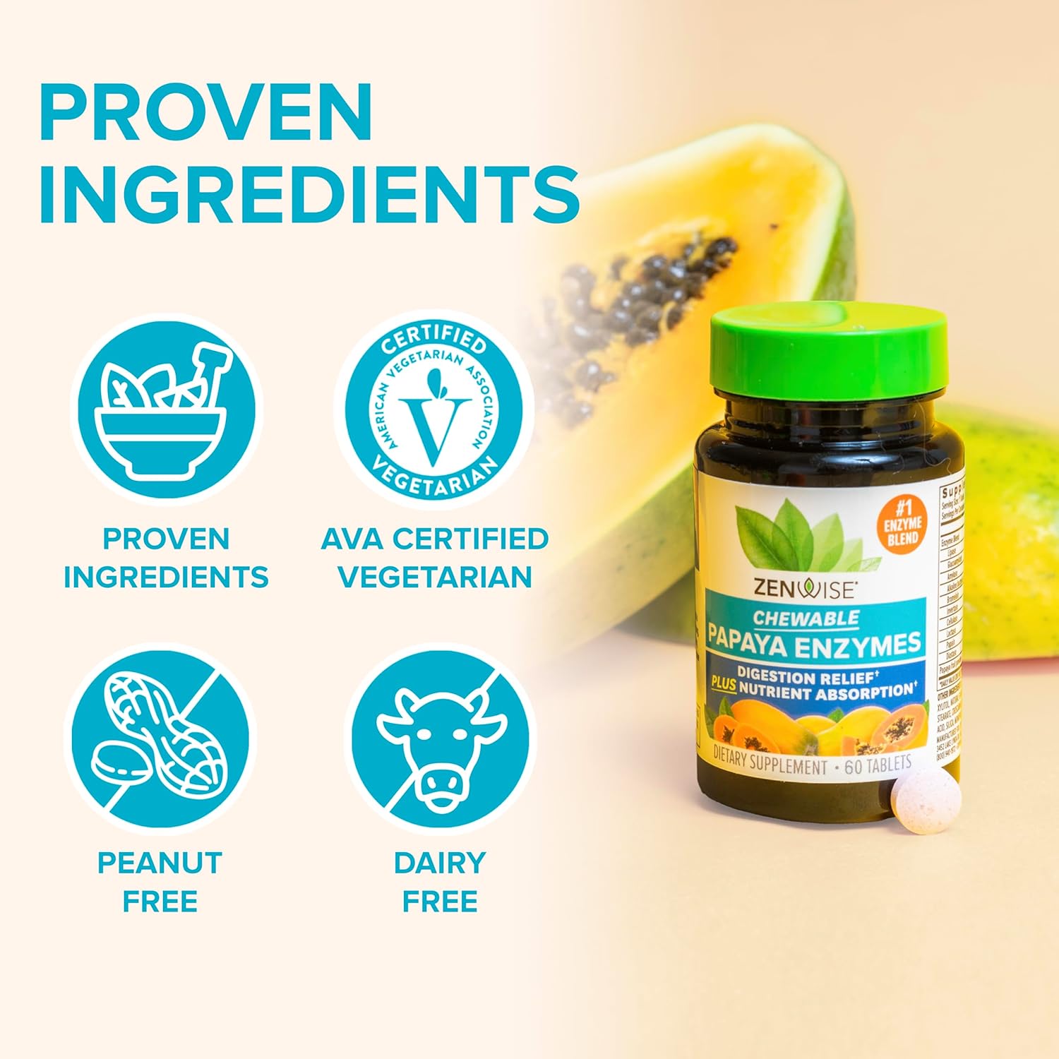 Zenwise Health Papaya Enzymes Chewable With Digestive Enzymes And Bromelain For Digestive Health And Bloating Relief For Women And Men, Enzymes For Digestion And Gut Health - 60 Ct : Health & Household