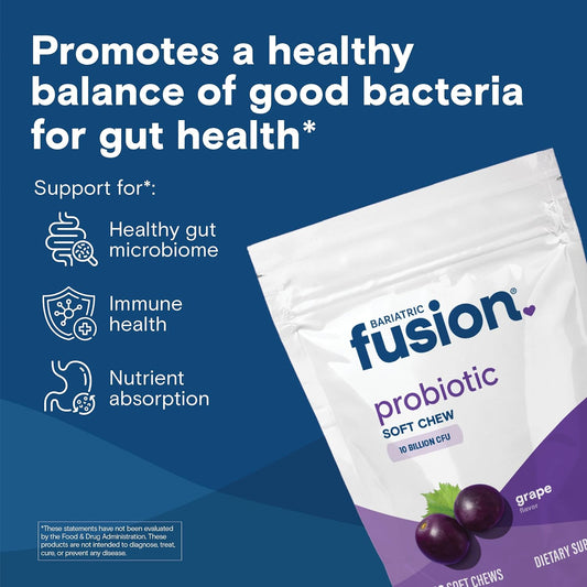 Bariatric Fusion Probiotic Soft Chews | Grape Flavor Chewy Bariatric Vitamin | 10 Billion Cfu | Bacillus Coagulans | Support Digestive & Immune Health | 60 Count