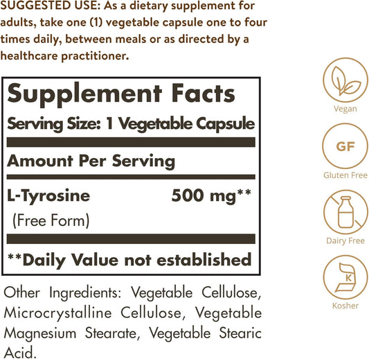 Solgar L-Tyrosine 500 Mg, 100 Vegetable Capsules - Brain & Nervous System Support - Vegan, Gluten Free, Dairy Free, Kosher - 100 Servings