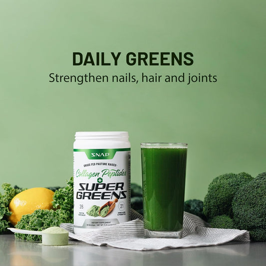 Super Greens Supplement Powder With Collagen Peptides - 26 Superfoods + Vitamins - Grass Fed, Non-Gmo Greens Superfood Powder For Hair, Skin, Nails & Joint Support (30 Servings)
