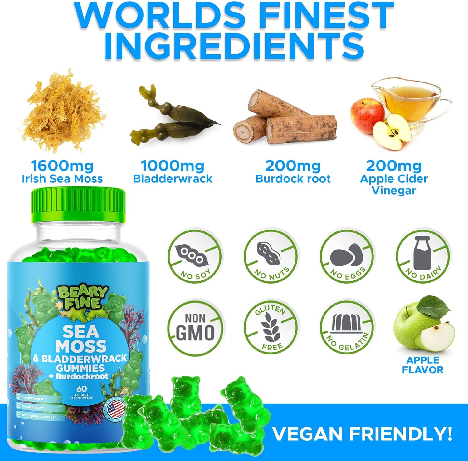 Sea Moss Gummies & Elderberry - Vitamin C + Zinc – Extra Strength Immune & Thyroid Support Booster Gummy Bears For Kids & Adults - 60 Seamoss Gummies - Made In The Usa