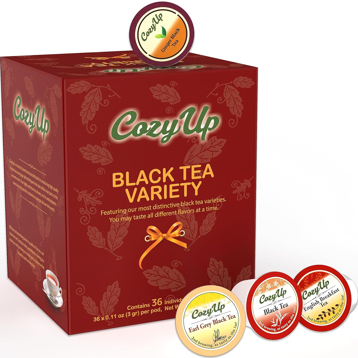 Cozy Up 4 Flavors Assorted Black Tea Sampler Pods Compatible With Keurig K-Cup Brewers (Black, English Breakfast, Earl Grey, Ginger Black Tea), 36-Count