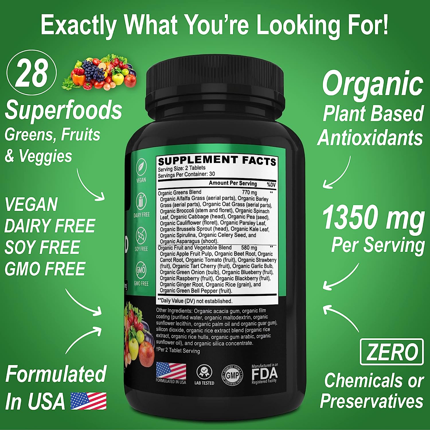 Organic Superfood Greens & Fruit Supplements - Energy Super Food Fruits and Veggies Supplement Tablets - Daily Green Veggie Powder Blend Plus Vegetable Foods Alfalfa, Spinach, Cabbage & Spirulina Tabs : Health & Household