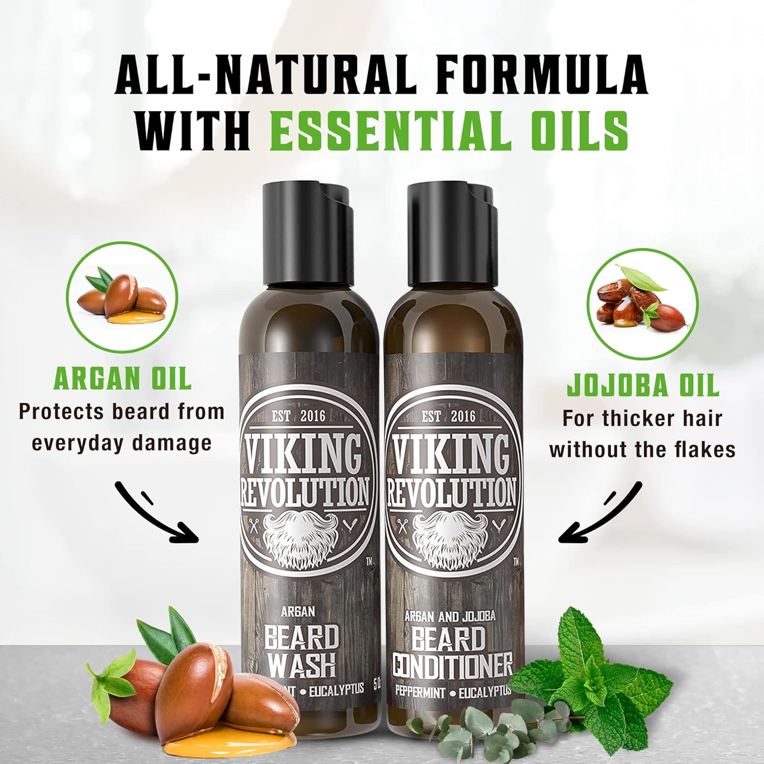 Viking Revolution - Beard Shampoo And Conditioner - Natural Beard Wash & Beard Conditioner With Argan & Jojoba Oils - Softens & Strengthens - Gifts For Men - Peppermint & Eucalyptus - 2 X 300 Ml