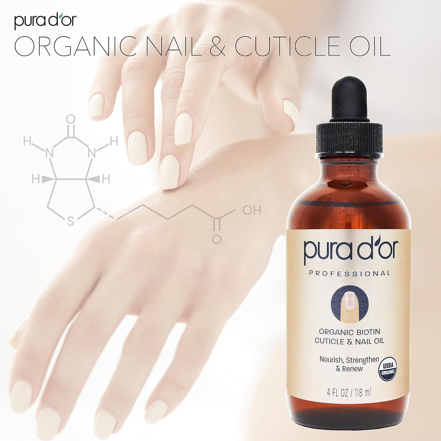 PURA D'OR Organic Nail & Cuticle Oil (4oz) - Enriched with Biotin, Vitamin E, Natural Ingredients - Nourishing Treatment for Nail Growth & Healthy Beds : Beauty & Personal Care