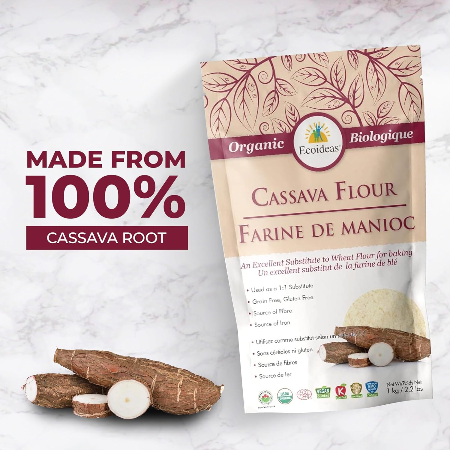 Ecoideas Org. Cassava Flour - 2.2 Lb Bag - Certified Organic, Kosher, Vegan, Non-Gmo, Nut-Free, Grain-Free, Gluten-Free & Paleo-Friendly : Grocery & Gourmet Food