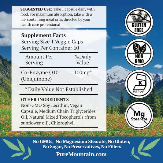 Pure Mountain Botanicals Coq10 100Mg Softgels - 60 Vegan Capsules With Ubiqunone Coenzyme Q10