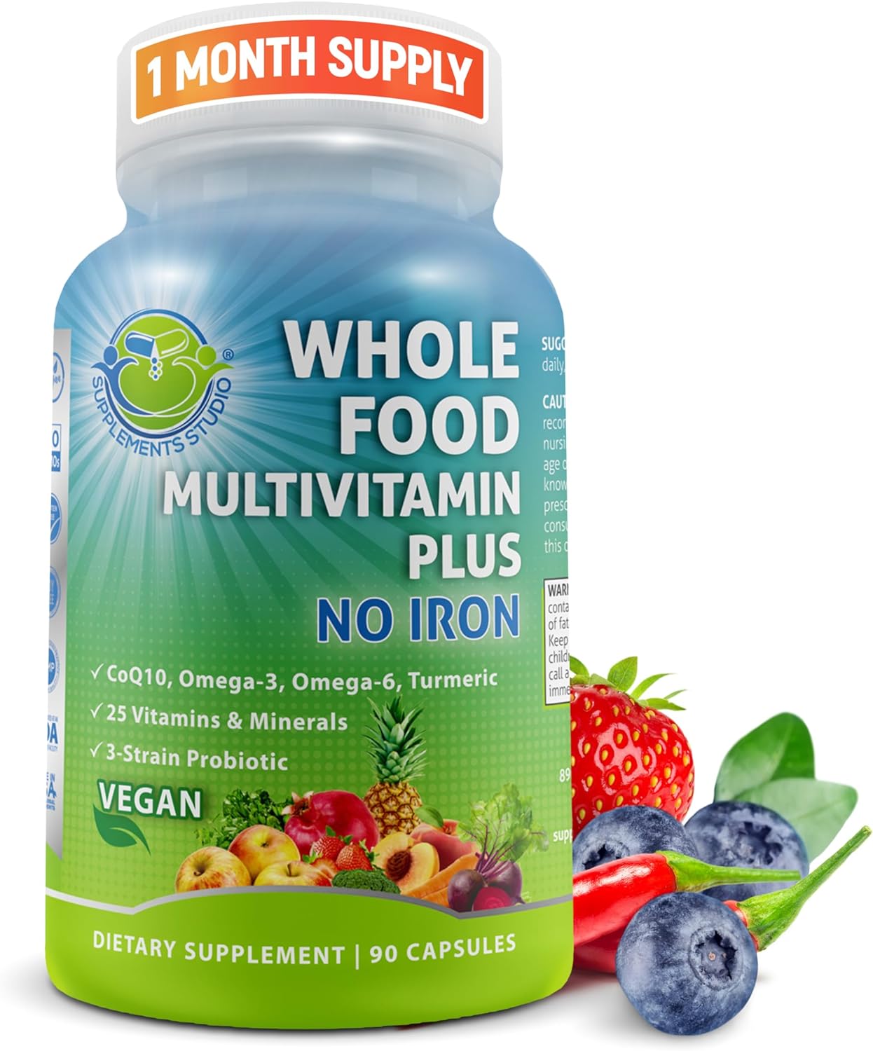 Vegan Whole Food Multivitamin Without Iron, Daily Multivitamin for Women and Men, Made with Fruits & Vegetables, B-Complex, Probiotics, Enzymes, CoQ10, Omegas, Turmeric, Non-GMO, 90 Count