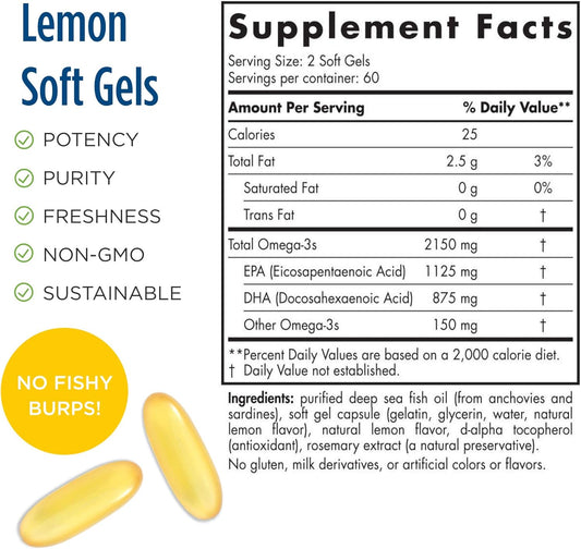 Nordic Naturals ProOmega 2000, Lemon Flavor - 120 Soft Gels - 2150 mg Omega-3 - Ultra High-Potency Fish Oil - EPA & DHA - Promotes Brain, Eye, Heart, & Immune Health - Non-GMO - 60 Servings