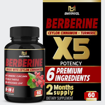 Berberine Supplement - High Potency with Ceylon Cinnamon, Turmeric - Berberine HCl Supplement Pills - 60 Capsules