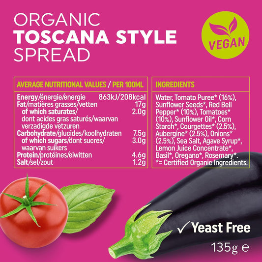 Bonsan Organic Toscana Style Spread 135g, Pack of 6 - Meditteranean Style Vegan Spread - Light & Creamy - Dairy & GMO Free - for Sandwhiches and Dipping