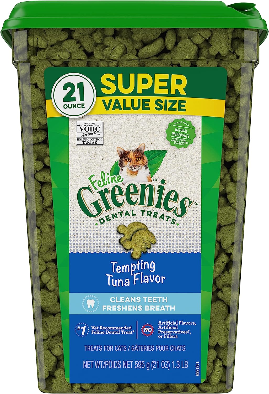 Greenies Feline Adult Natural Dental Care Cat Treats Tempting Tuna Flavor, 21 oz. Tub