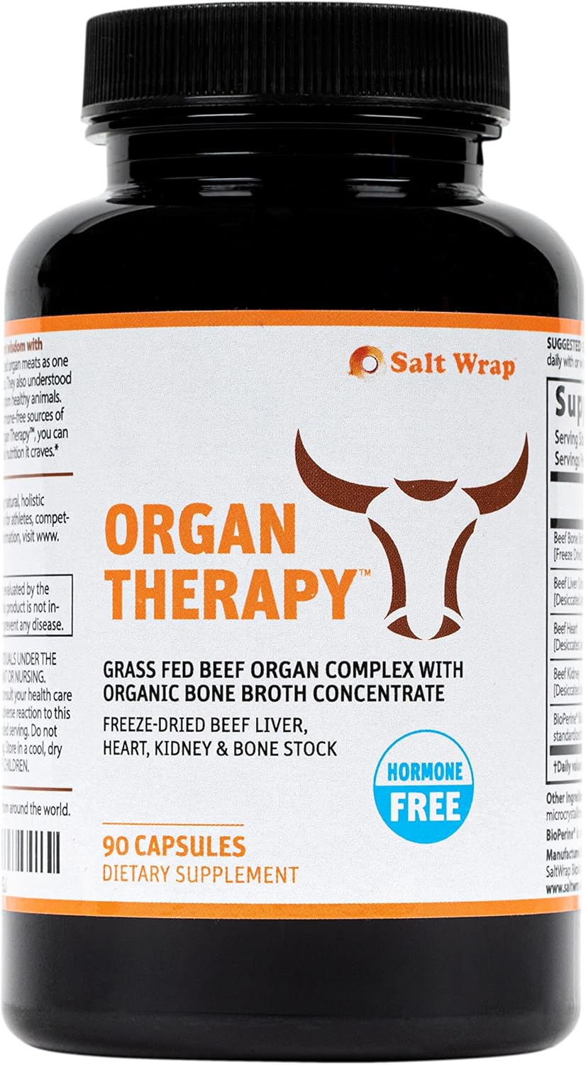 Saltwrap Organ Therapy - Grass Fed Beef Organ Meat Complex Supplement With Organic Bone Broth Concentrate (Beef Liver, Heart, Kidney And Bone Broth Capsules With Bioperine) Desiccated, 90 Capsules