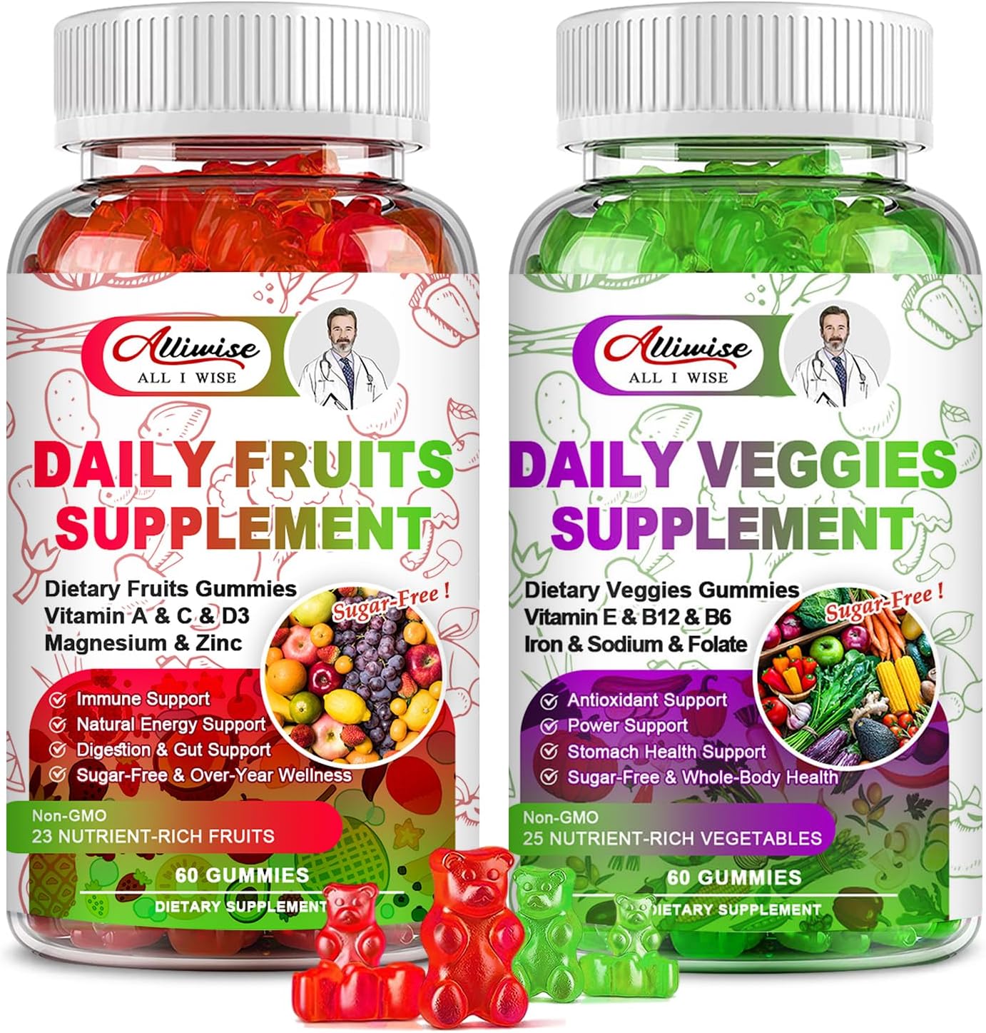 Sugar-Free Fruits And Veggies Gummies Supplement, Multi-Vitamins & Minerals In Gummies, Natural Fruits And Vegetables Supplement, Immunity & Antioxidant & Energy Supplements For Women & Men