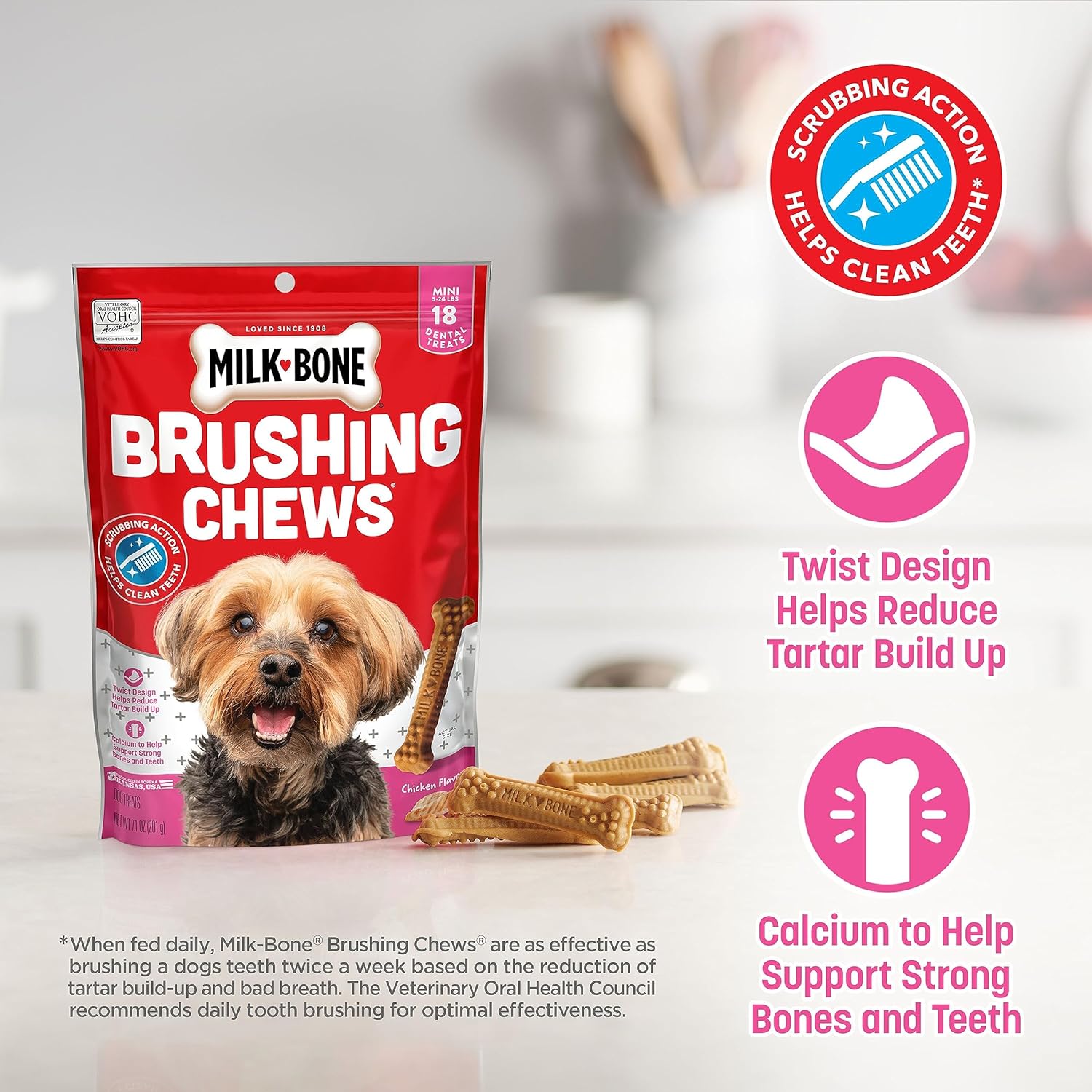 Milk-Bone Original Brushing Chews, 18 Mini Daily Dental Dog Treats (Pack of 5) Scrubbing Action Helps Clean Teeth : Pet Supplies