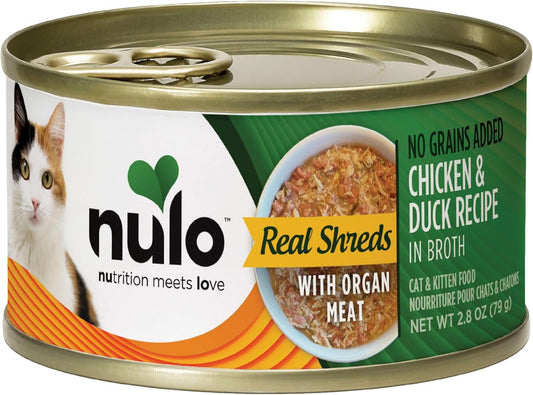 Nulo Grain-Free Real Shreds With Organ Meat Wet Canned Cat & Kitten Food, Chicken And Duck In Broth, 2.8 Ounce, 12 Cans