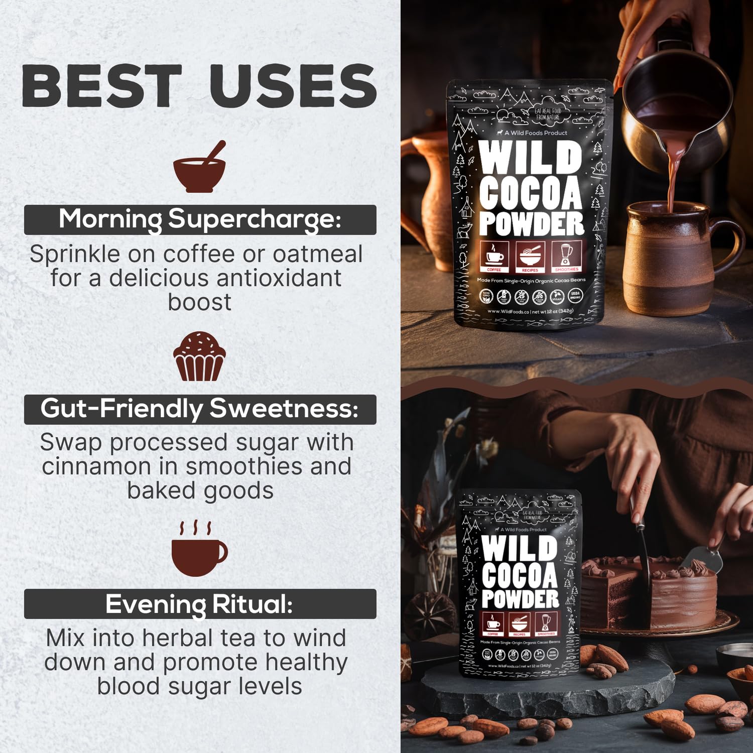 Wild Foods Organic Cocoa Powder | Single Origin Unsweetened Keto Chocolate Powder For Cooking & Baking | 100% Natural Cacao Beans | Sugar Free Non Dutch Raw Superfood | 12 Oz : Grocery & Gourmet Food