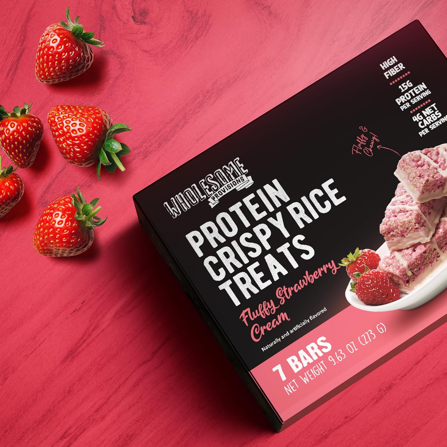 Protein Crispy Rice Treats, 15g Protein, 3g-7g Net Carbs, Low Carb, Fluffy, Soft, Chewy, Gluten Free, High Fiber, Keto-Friendly, No Aftertaste (Fluffy Strawberry Cream, 1 Pack) : Grocery & Gourmet Food