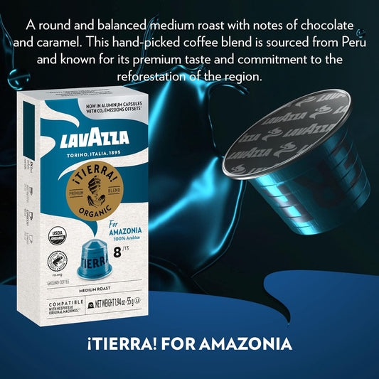 Lavazza TIERRA AMAZONIA USDA ORGANIC Espresso Aluminum Capsules Compatible with Nespresso Original Machines (Pack of 60) ,Value Pack, Medium Roast, 100% Arabica, Round & Balanced, Intensity 8 of 13
