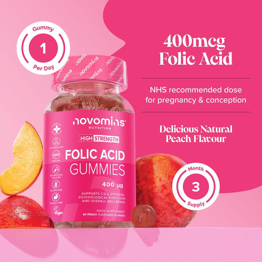 Folic Acid Gummies 400 Mcg - 3 Month Supply - Folic Acid High Strength - Prenatal Gummies Health & Maternal Tissue Growth During Pregnancy - Novomins