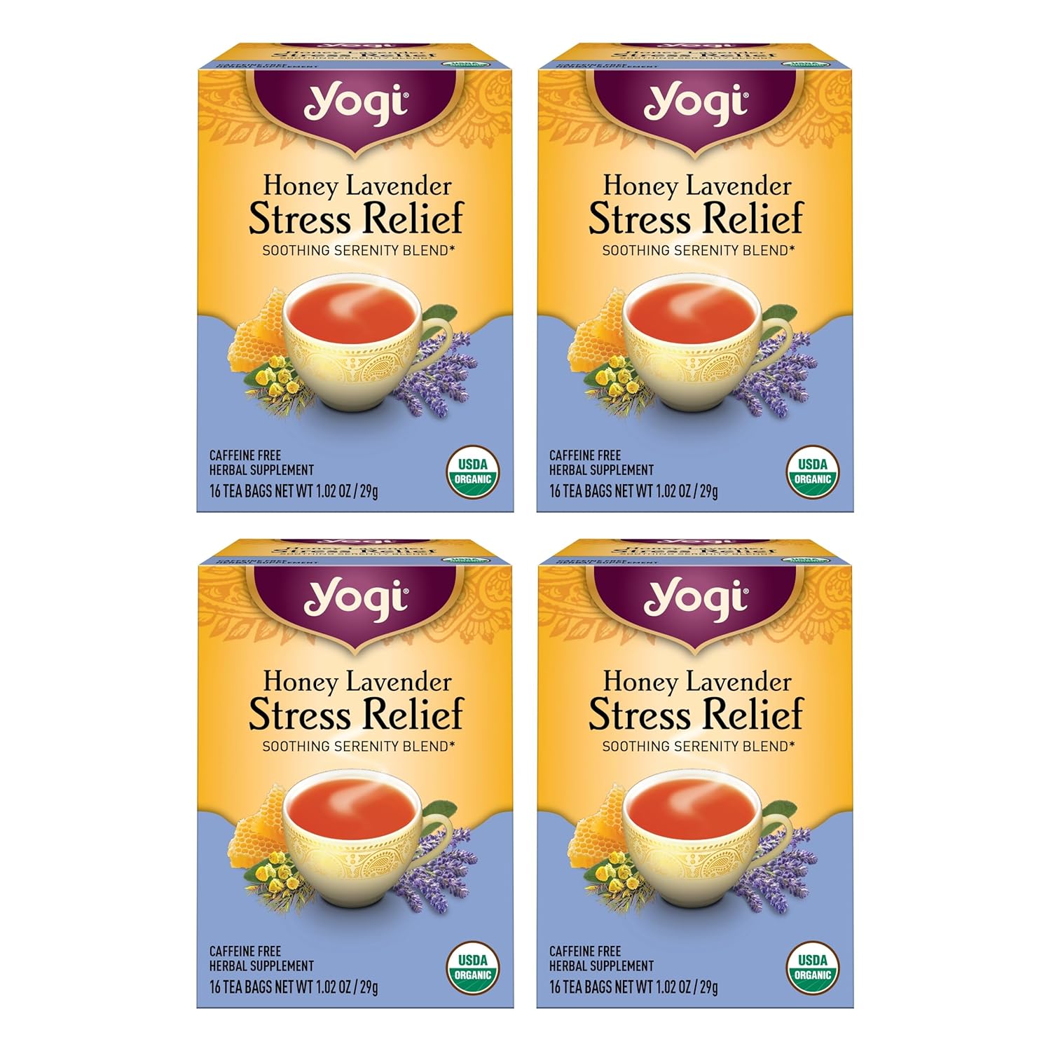 Yogi Tea Honey Lavender Stress Relief Tea - 16 Tea Bags Per Pack (4 Packs) - Organic Chamomile Lavender Tea - Includes Lemon Balm, Lemongrass, Spearmint Leaf, Peppermint Leaf, Honey Flavor & More