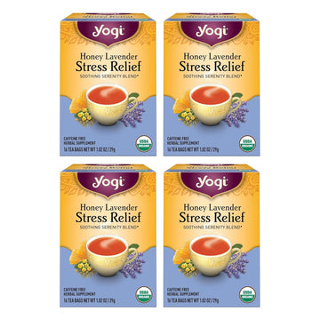 Yogi Tea Honey Lavender Stress Relief Tea - 16 Tea Bags Per Pack (4 Packs) - Organic Chamomile Lavender Tea - Includes Lemon Balm, Lemongrass, Spearmint Leaf, Peppermint Leaf, Honey Flavor & More