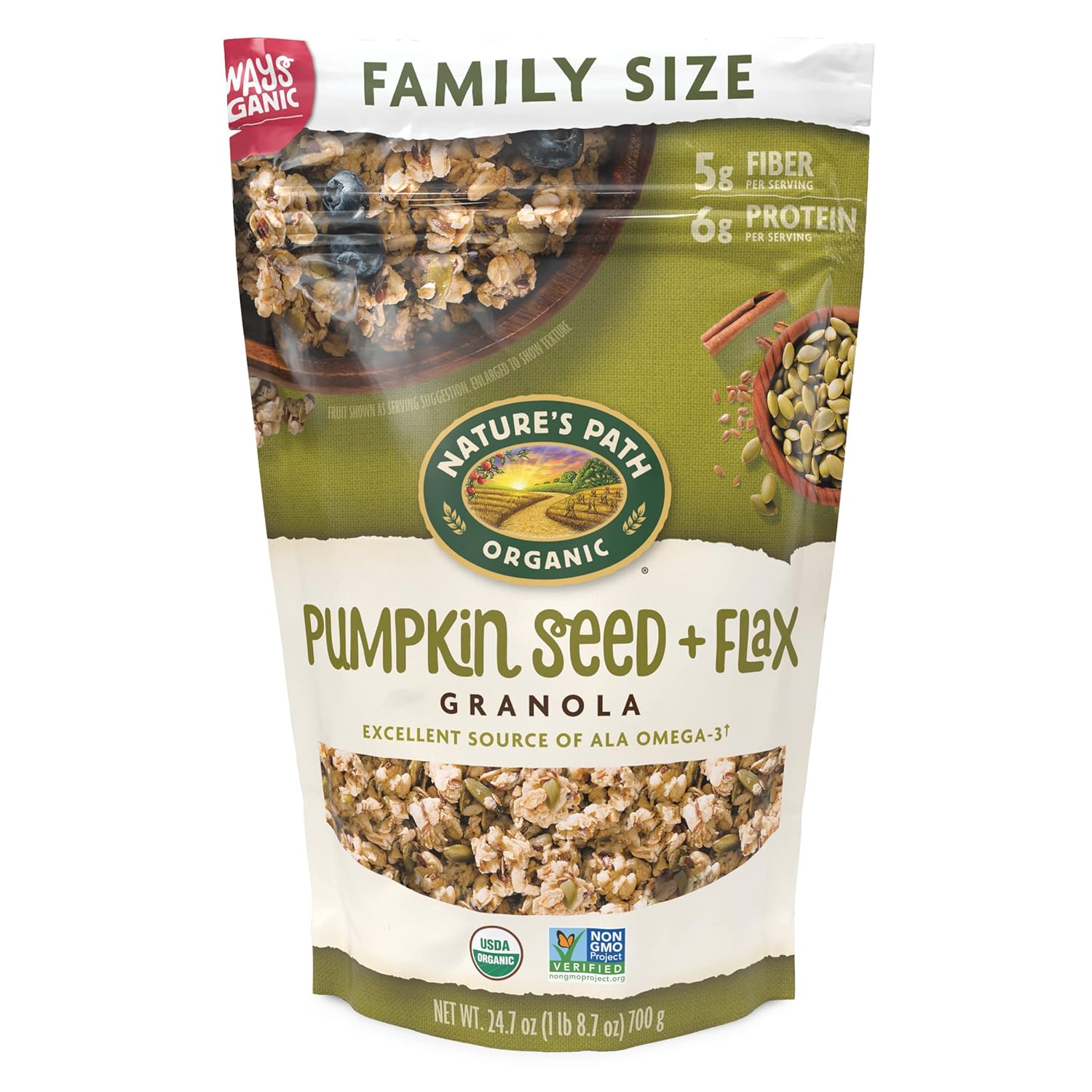 Nature's Path Organic Pumpkin Seed and Flax Granola, 24.7 Ounce (Pack of 6), Non-GMO, Heart Healthy, High Fiber, 6g Plant Based Protein