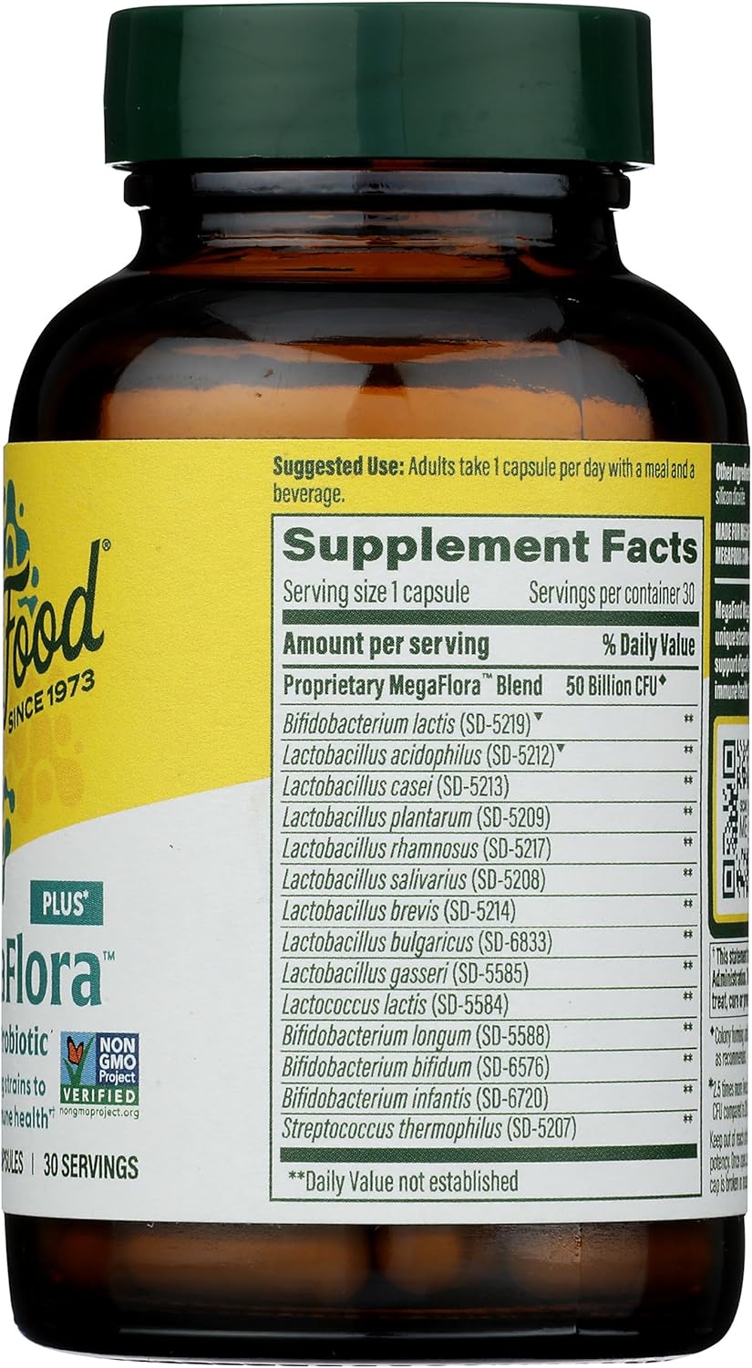 MegaFood MegaFlora Probiotic Plus - Probiotics for Women and Men - 50 Billion CFUs & 14 Strains - Probiotics for Digestive Health & Immune Support - Vegan - Made without 9 Food Allergens - 30 Caps : Health & Household