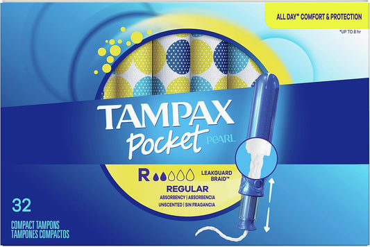 Tampax Pocket Pearl Compact Tampons Regular Absorbency with BPA-Free Plastic Applicator and LeakGuard Braid, Unscented, 32 Count(Pack of 3)