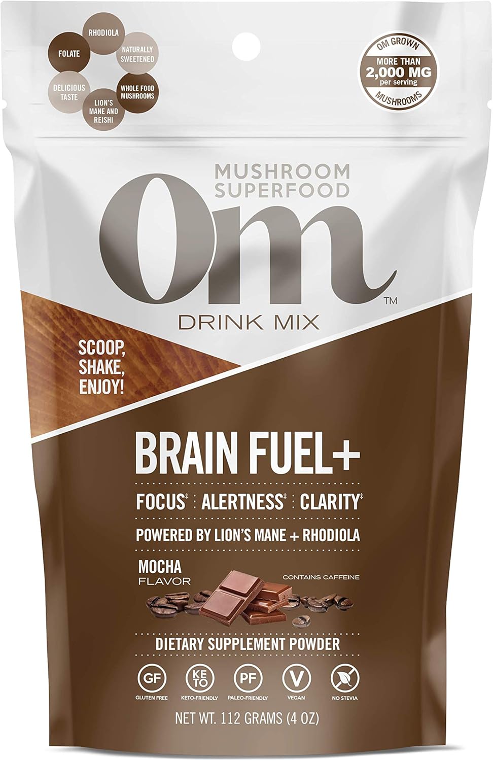 Om Mushroom Superfood Brain Fuel Plus Mushroom Powder Drink Mix, Mocha avor, 4 , 15 Servings, Lions Mane & Rhodiola, Memory & Focus Support Supplement