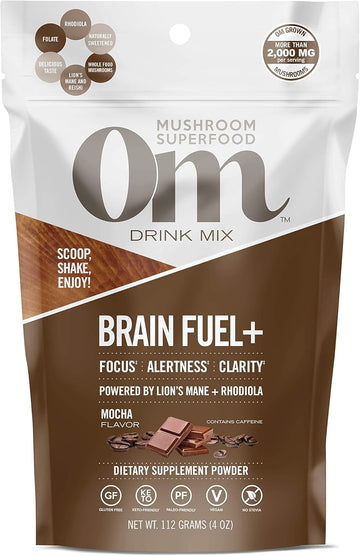 Om Mushroom Superfood Brain Fuel Plus Mushroom Powder Drink Mix, Mocha avor, 4 , 15 Servings, Lions Mane & Rhodiola, Memory & Focus Support Supplement